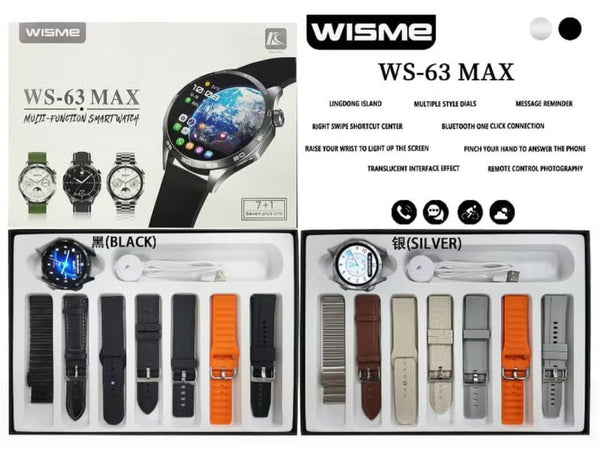 Wisme WS-63 Max Smartwatch with AMOLED Display, Wireless Charging, and Health Sensors - Stylish Black Design with Multiple Straps for iOS and Android Compatibility